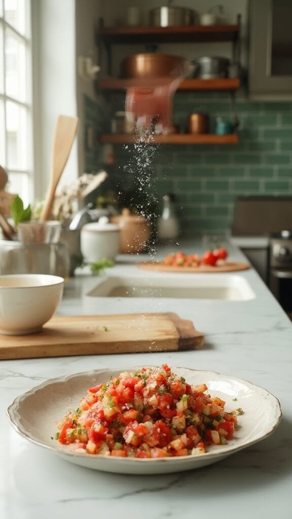 Fresh Pico De Gallo: The Ultimate 20-Minute Mexican Salsa 6 Sea salt sprinkling over freshly made pico de gallo in a modern kitchen with green subway tile backsplash