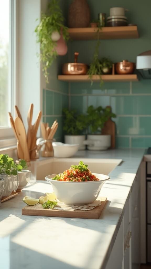 Fresh Pico De Gallo: The Ultimate 20-Minute Mexican Salsa 7 Professional food photography of pico de gallo in white ceramic bowl, garnished with cilantro and lime in modern kitchen with green subway tile backsplash