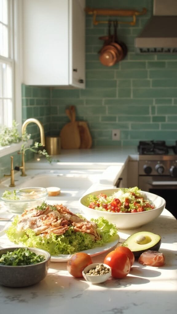 Classic Cobb Salad With Grilled Chicken &Amp; Avocado 3 Raw ingredients for cobb salad arranged in modern kitchen with green subway tile backsplash, wooden utensils, and cream-colored ceramic bowls