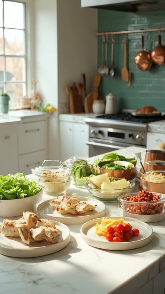 Classic Cobb Salad With Grilled Chicken &Amp; Avocado 5 Prep stage in modern kitchen with ingredients for a salad including sliced chicken, eggs, bacon, tomatoes, and avocado in clear bowls on a white marble countertop.