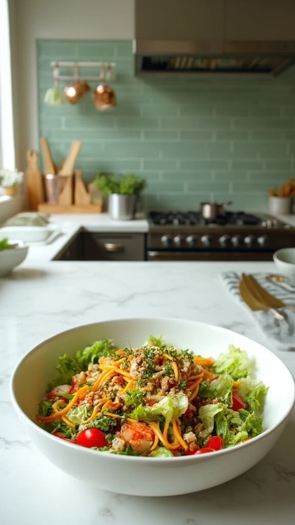 Classic Cobb Salad With Grilled Chicken &Amp; Avocado 7 Modern kitchen with cobb salad in large white bowl on marble countertop, shot in natural daylight