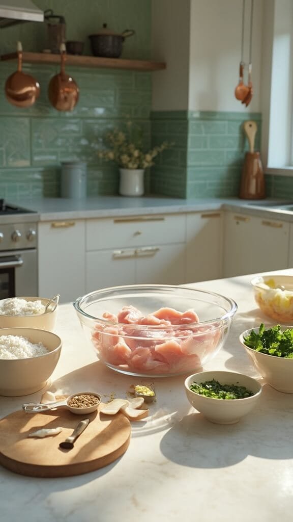 Sugar-Free Honey Garlic Chicken 3 Raw chicken prep stage in a modern kitchen with daylight, cookware, wooden utensils, and ingredients like cornstarch, seasonings, minced garlic, parsley, and sesame seeds