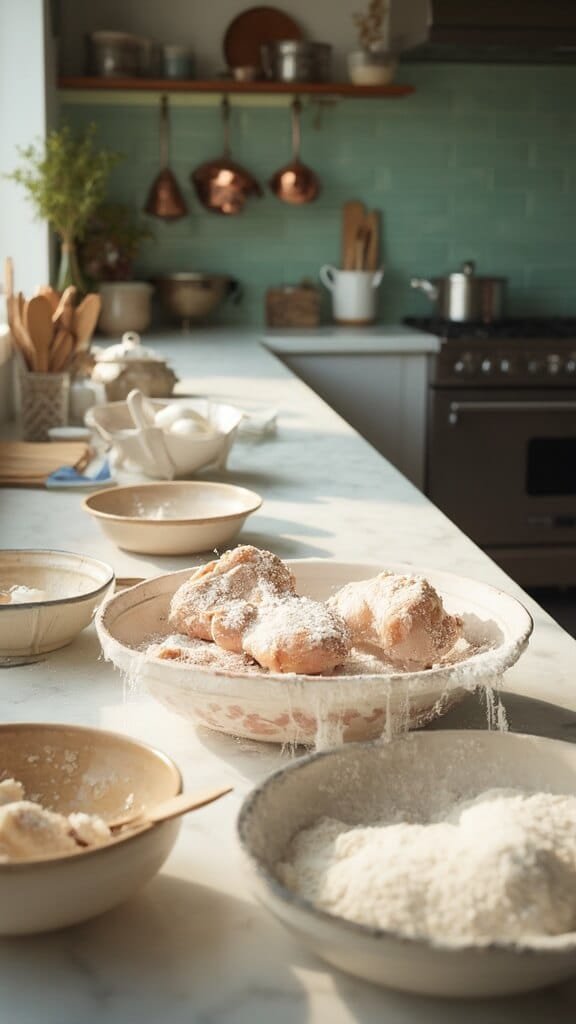 Sugar-Free Honey Garlic Chicken 4 Chicken pieces being coated in cornstarch in a modern, well-lit kitchen