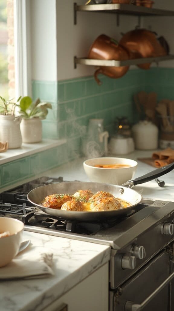 Sugar-Free Honey Garlic Chicken 5 Golden brown chicken sizzling in a stainless steel skillet in a modern kitchen with green subway tile backsplash and white marble countertops