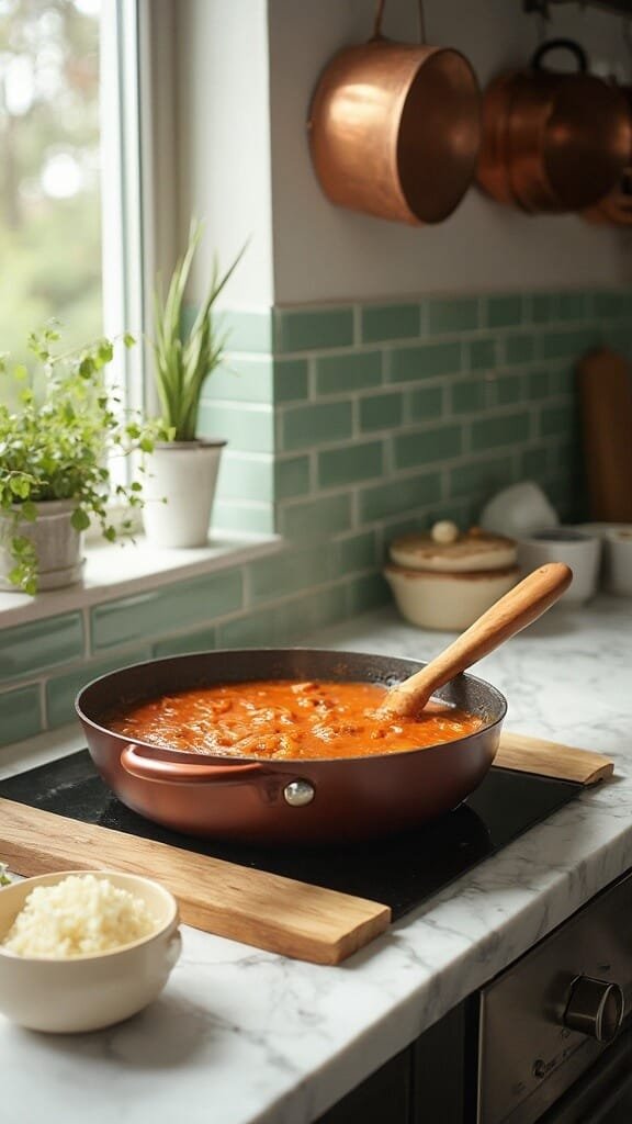 Sugar-Free Honey Garlic Chicken 6 Amber-colored sauce simmering in a pan in a modern kitchen with wooden utensils and cream-colored ceramic bowls under soft natural daylight