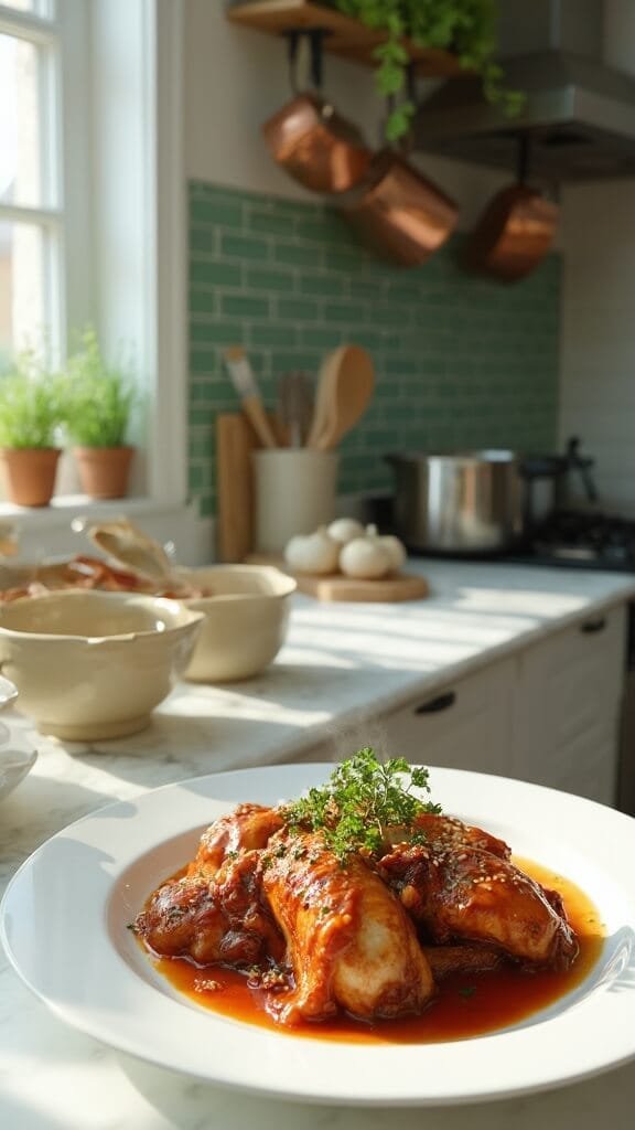 Sugar-Free Honey Garlic Chicken 7 Chicken pieces in rich sauce garnished with parsley and sesame seeds on a white ceramic plate in a modern kitchen setting