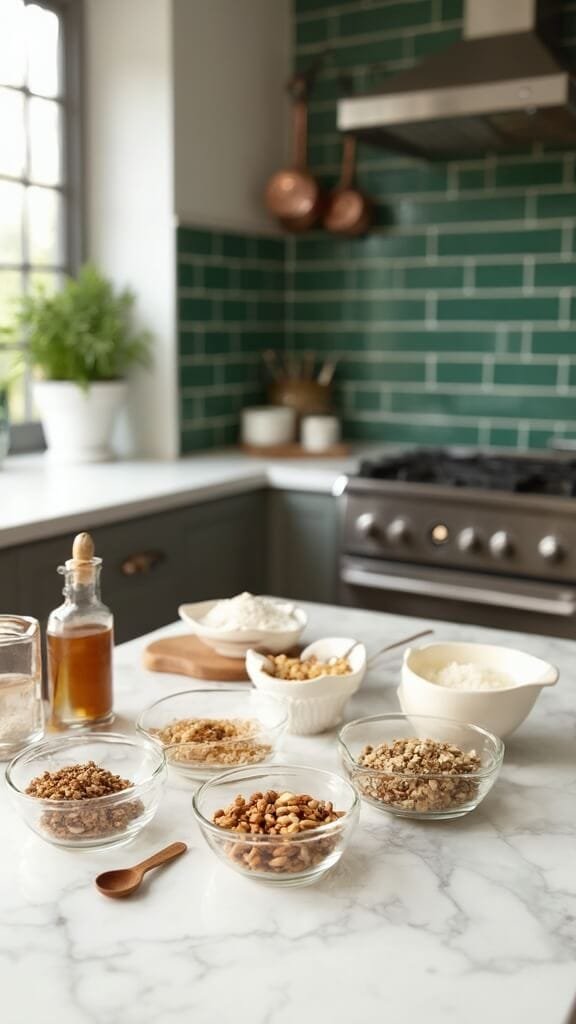 Homemade Keto Granola Recipe 3 Raw ingredients for keto granola neatly arranged in glass bowls in a modern kitchen with green subway tile backsplash, under natural daylight.