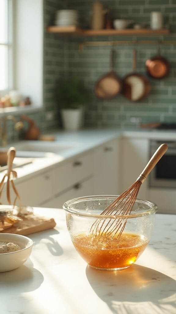 Homemade Keto Granola Recipe 4 Professional food photography of melted coconut oil being whisked with keto maple syrup and vanilla extract in a modern kitchen with white marble countertops and warm, earthy color grading