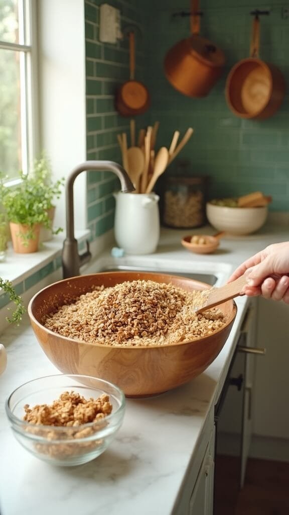 Homemade Keto Granola Recipe 5 Professional food photography of granola ingredients being mixed in a modern kitchen with earthy color grading, natural daylight, and green tiled backsplash.