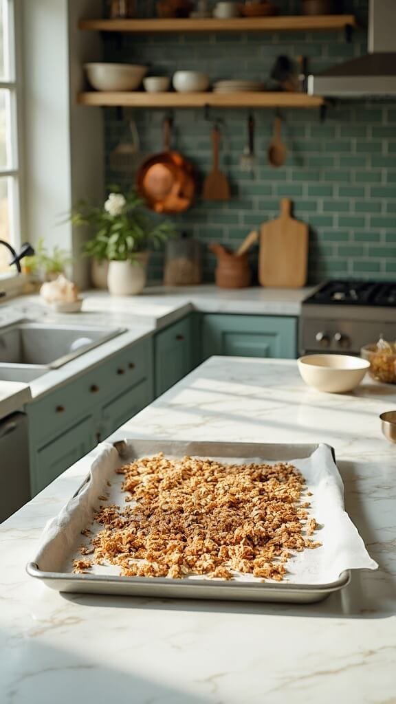 Homemade Keto Granola Recipe 6 Unbaked granola spread on a baking sheet in a modern kitchen with white marble countertops and green subway tile backsplash