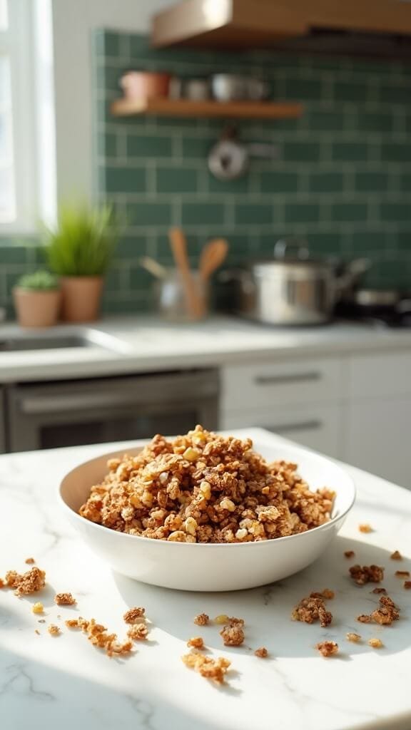 Homemade Keto Granola Recipe 7 Golden-brown granola clusters in white ceramic bowl on marble kitchen countertop, under natural daylight.