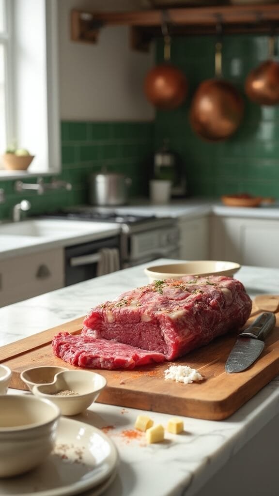 Sugar-Free Bbq Brisket 3 Raw beef brisket on wooden cutting board in modern kitchen with ingredients and utensils nearby, prepared for cooking