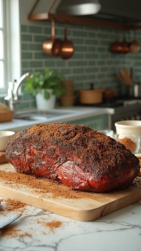 Sugar-Free Bbq Brisket 4 Seasoned brisket on a modern kitchen counter, prepared with various spices and cookware in natural daylight