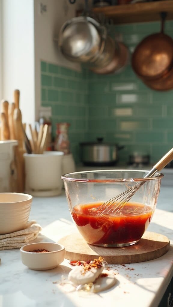 Sugar-Free Bbq Brisket 5 Bbq sauce preparation in a modern kitchen with wooden utensils, cream-colored ceramic bowls, and warm color grading.