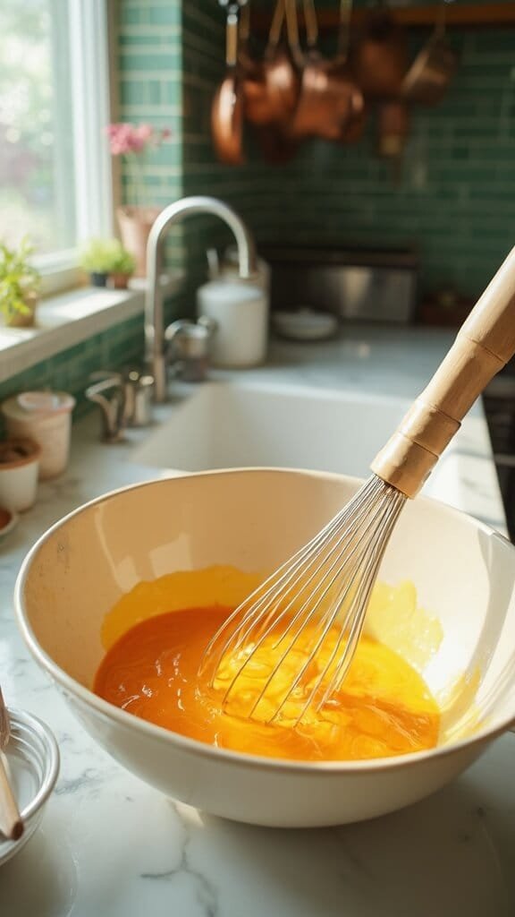 Cozy Keto Pumpkin Bread (Almond Flour, No Sugar) 4 Whisking together wet ingredients including pumpkin puree, eggs, and coconut oil in a cream-colored ceramic bowl in a modern kitchen