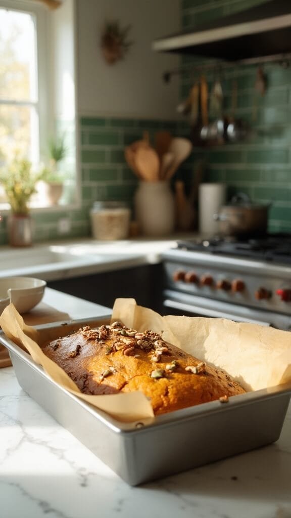 Cozy Keto Pumpkin Bread (Almond Flour, No Sugar) 6 Pumpkin bread batter ready to bake in a 9x5 loaf pan, topped with pumpkin seeds and pecans, in a modern kitchen with white marble countertops and green subway tile backsplash.
