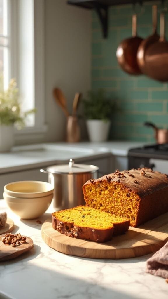 Cozy Keto Pumpkin Bread (Almond Flour, No Sugar) 7 Freshly baked pumpkin bread with seeds and pecans on a wooden cutting board in a modern kitchen with white marble countertops and green subway tile backsplash, bathed in natural daylight.