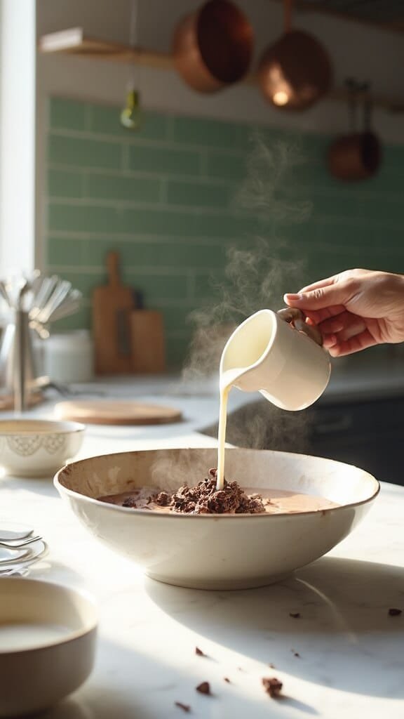 Perfect Keto Chocolate Mousse (Ready In 15 Minutes!) 4 Hot cream being poured over chopped chocolate in modern kitchen with warm, earthy color grading