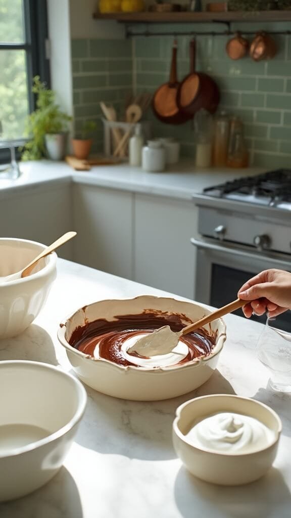 Perfect Keto Chocolate Mousse (Ready In 15 Minutes!) 6 Professional food photography of a wooden spatula folding whipped cream into a chocolate mixture in a modern kitchen with green subway tiled backsplash and copper pots