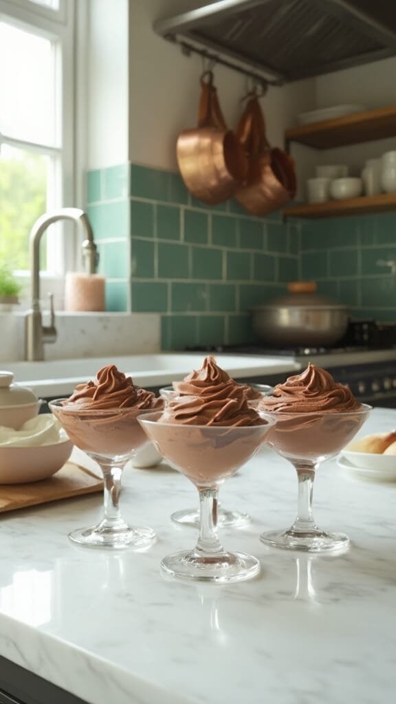 Perfect Keto Chocolate Mousse (Ready In 15 Minutes!) 7 Professional food photography in a modern kitchen featuring three glass dessert cups filled with chocolate mousse under natural daylight.