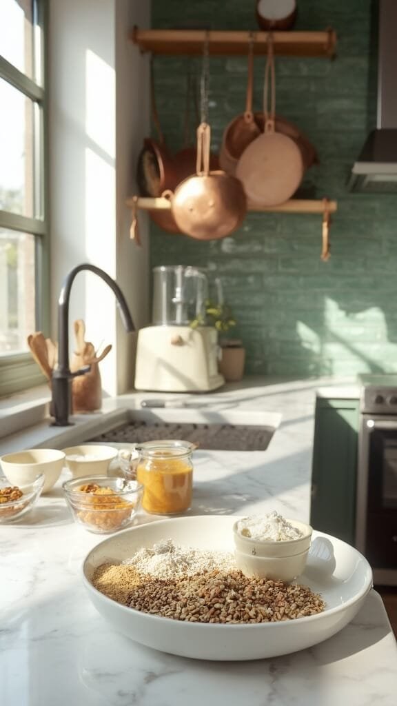 Keto Granola Bars 3 Professional food photography in a modern kitchen with ingredients arranged in glass bowls and a food processor on a white marble countertop; set against a backdrop of green subway tiles.