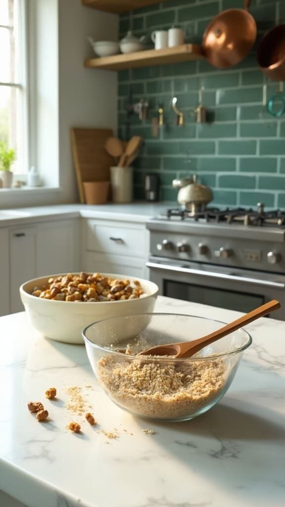 Keto Granola Bars 4 Overhead shot of modern kitchen with natural daylight illuminating coarsely chopped nuts in food processor and dry ingredients in a glass bowl, taken with a canon 5d mark iv at f/2. 8, 50mm.