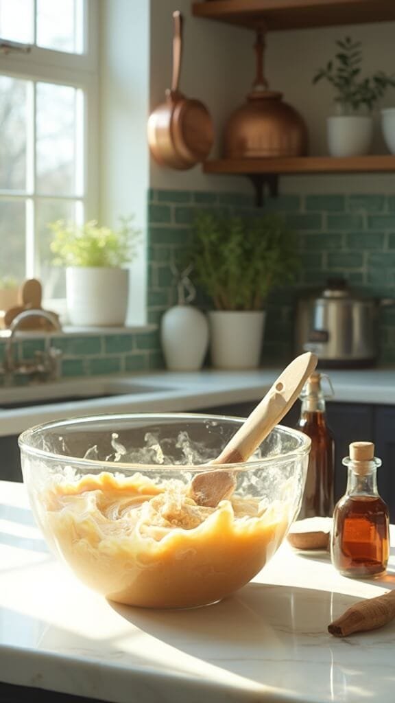 Keto Granola Bars 5 Professional food photography in a modern kitchen with melted peanut butter and coconut oil mixture in a clear bowl, complemented by warm, earthy color grading