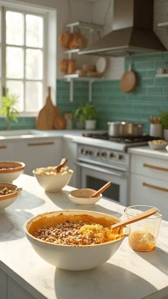 Keto Granola Bars 6 Professional food photography of mixing bowl with wet and dry ingredients in a modern kitchen with green subway tile backsplash, wooden utensils, and cream-colored ceramic bowls.