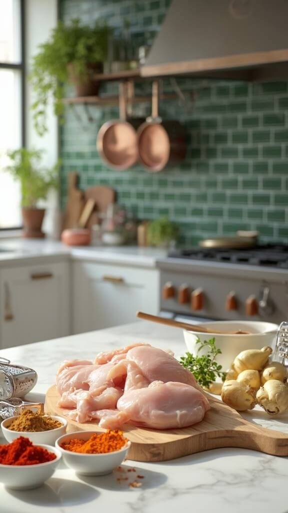 Keto Butter Chicken With Cauliflower Rice 3 Professional food photography featuring cubed raw chicken and spices on a modern kitchen countertop, under natural daylight from a window.