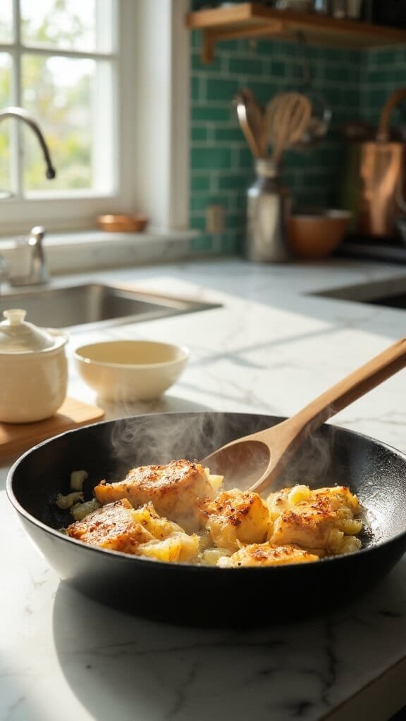 Keto Butter Chicken With Cauliflower Rice 4 Golden-brown chicken sizzling in a skillet on a modern kitchen countertop with green subway tile backsplash, lit by natural daylight.