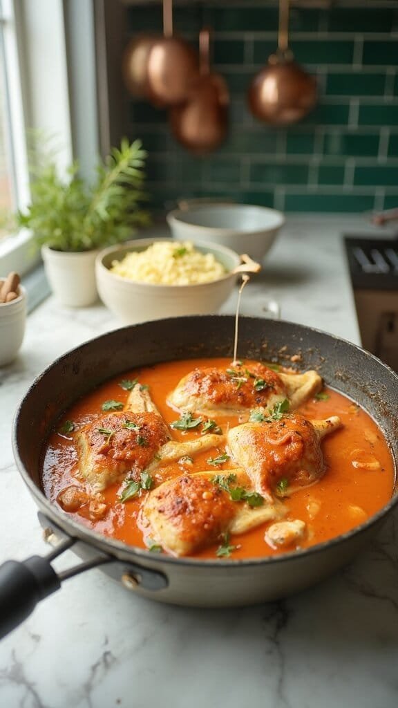 Keto Butter Chicken With Cauliflower Rice 5 Chicken simmering in orange-red sauce with cream being added in a modern kitchen, next to a pan of golden cauliflower rice
