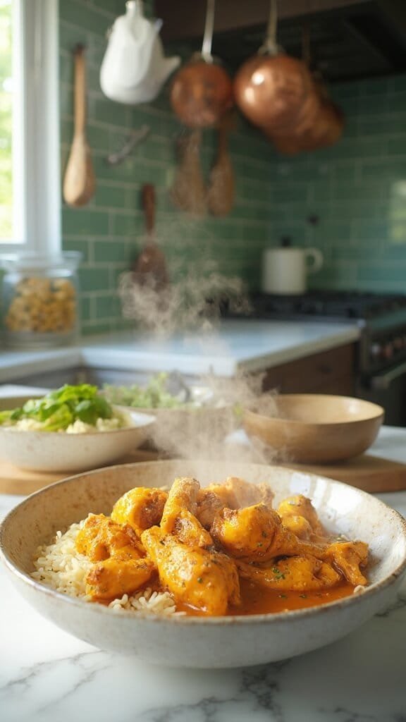Keto Butter Chicken With Cauliflower Rice 6 Modern kitchen with white marble countertops, stainless steel appliances and green subway tiles, containing modern cookware, wooden utensils and cream-colored preparation bowls. A completed butter chicken dish with visible spices and steam rising, alongside cauliflower rice.