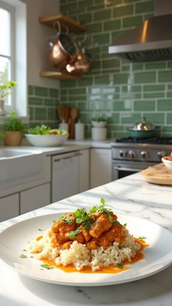 Keto Butter Chicken With Cauliflower Rice 7 Modern kitchen with green subway tile backsplash and white marble countertops, featuring a dish of butter chicken over cauliflower rice garnished with cilantro on a white ceramic plate.