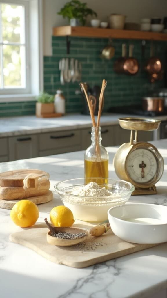 Keto Zesty Lemon Poppy Seed Muffins 3 Ingredients for keto muffins arranged on a modern kitchen countertop, featuring lemons, almond flour, eggs, poppy seeds, vanilla extract, and sour cream.