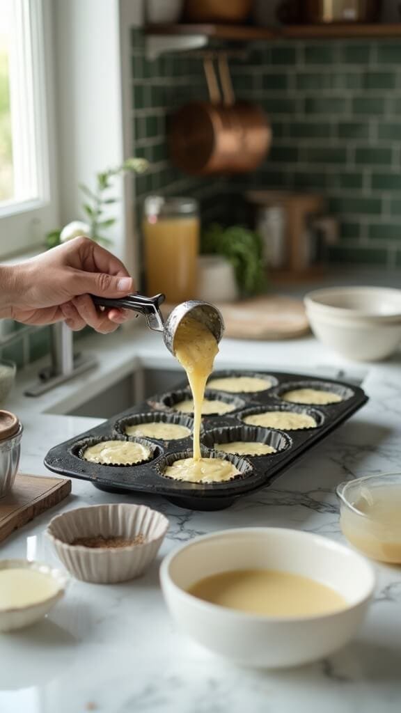 Keto Zesty Lemon Poppy Seed Muffins 5 Baking preparation in modern kitchen with a black muffin tin being filled with poppy seed batter