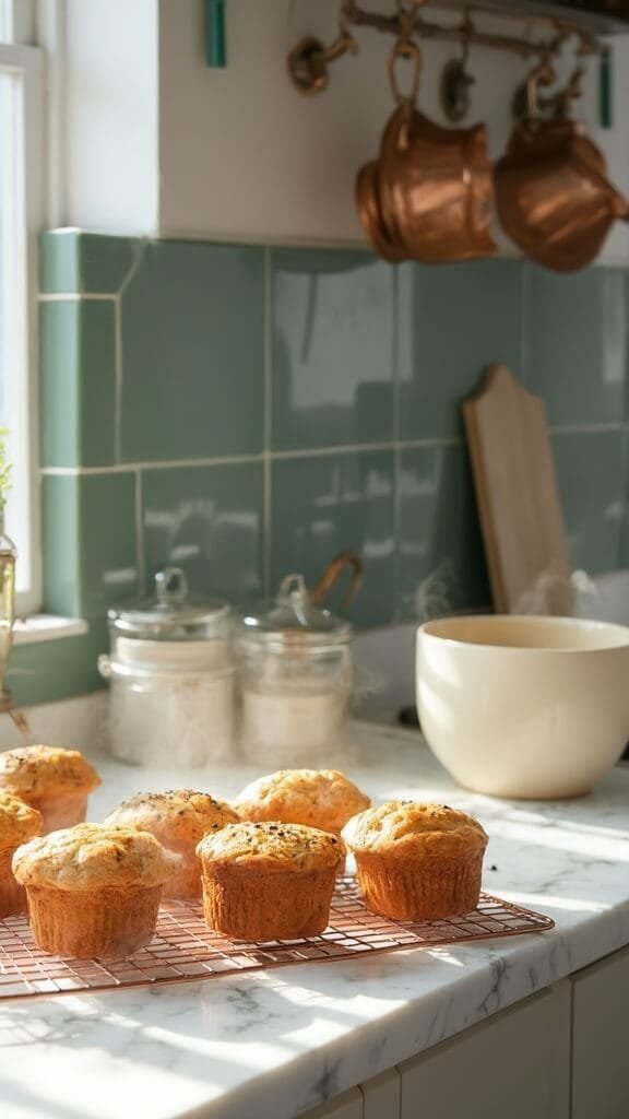 Keto Zesty Lemon Poppy Seed Muffins 6 Freshly baked muffins cooling on a wire rack in a modern kitchen with green subway tile backsplash