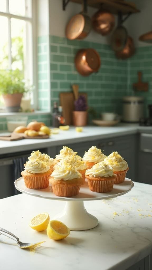 Keto Zesty Lemon Poppy Seed Muffins 7 Frosted muffins with lemon zest and poppy seeds on a white platter in a modern kitchen with green subway tiles and sunlight streaming in