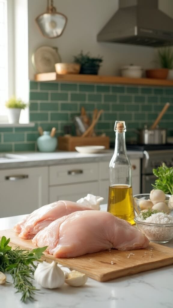 Crispy Keto Baked Chicken Thighs With Fresh Herbs 3 Raw chicken thighs on wooden cutting board in modern kitchen with fresh herbs, garlic, kosher salt, and avocado oil with warm, earthy color grading