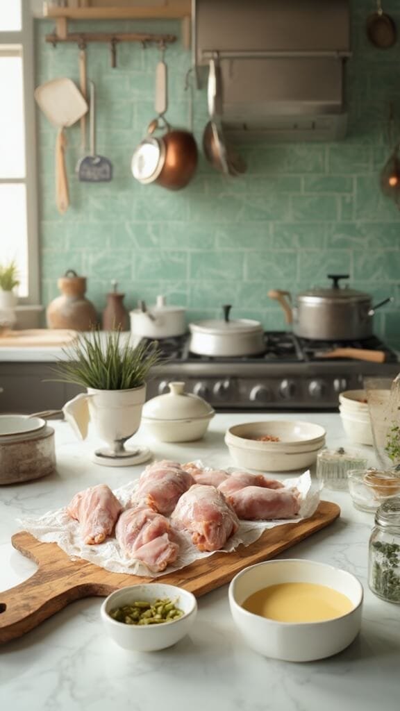 Crispy Keto Baked Chicken Thighs With Fresh Herbs 4 Chicken thighs being prepared in a modern kitchen with white marble countertops and green subway tiles, with pre-measured spices and chopped herbs in cream-colored ceramic bowls nearby