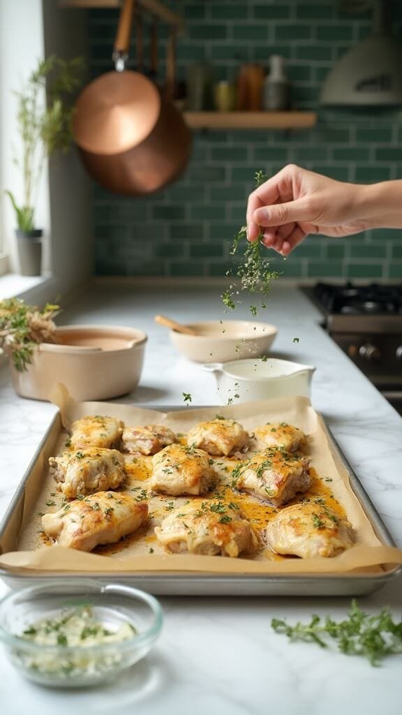 Crispy Keto Baked Chicken Thighs With Fresh Herbs 5 Seasoned chicken thighs on a baking sheet in a modern kitchen with green subway tile backsplash, wooden utensils, and cream-colored bowls.