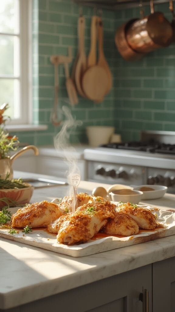 Crispy Keto Baked Chicken Thighs With Fresh Herbs 6 Golden-brown crispy chicken thighs on a modern kitchen countertop, steam rising, with a meat thermometer reading 165°f
