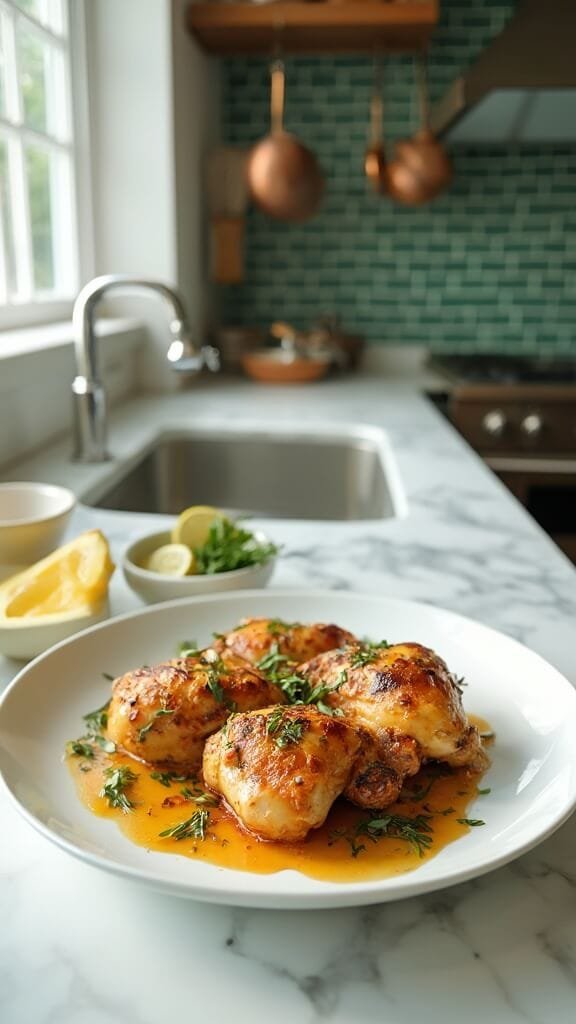 Crispy Keto Baked Chicken Thighs With Fresh Herbs 7 Plated chicken thighs garnished with fresh herbs and lemon on a white ceramic plate in a modern kitchen with green subway tiles and warm, earthy color grading.