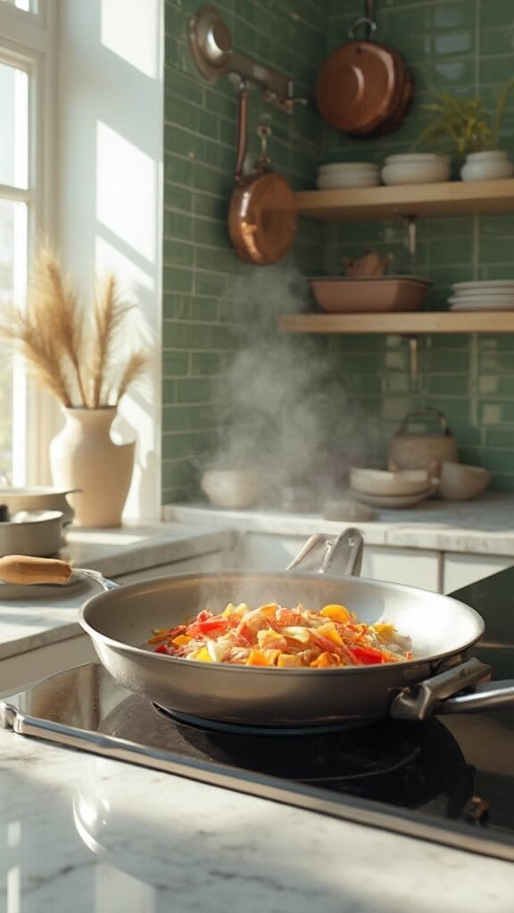 Low-Carb Philly Cheesesteak Bowl 4 Modern kitchen scene with sautéing onions and bell peppers in stainless steel skillet, lit by natural daylight from window