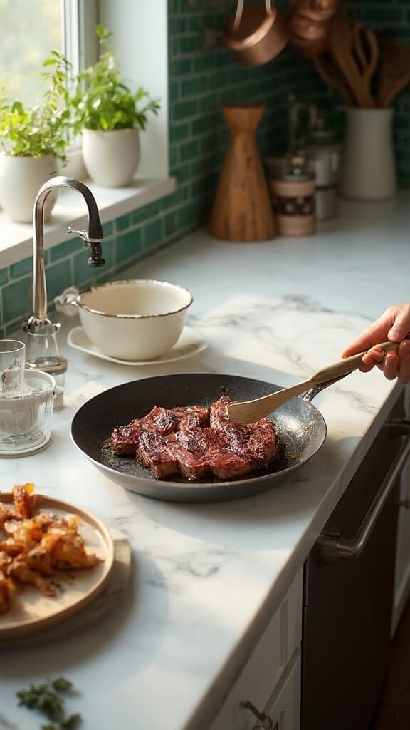 Low-Carb Philly Cheesesteak Bowl 5 Sizzling ribeye strips in a skillet in a modern kitchen with white marble countertops, stainless steel appliances, and green subway tile backsplash, shot at a 45-degree angle with a canon 5d mark iv
