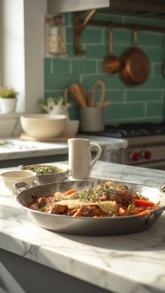 Low-Carb Philly Cheesesteak Bowl 6 Steak and vegetables in skillet with melting provolone cheese in a modern kitchen with green subway tile backsplash and wooden utensils