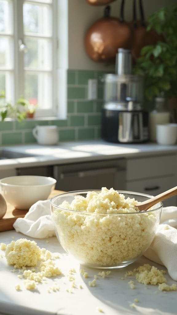 Keto-Friendly Sushi Rolls (No Rice, All Nice!) 3 Processed cauliflower rice in a clear bowl on a modern kitchen countertop, with wooden utensils and food processor in the background