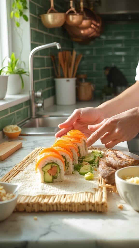 Keto-Friendly Sushi Rolls (No Rice, All Nice!) 5 Professional food photography of sushi roll assembly in a modern kitchen, featuring cauliflower rice, cream cheese, salmon, and avocado on a bamboo mat.