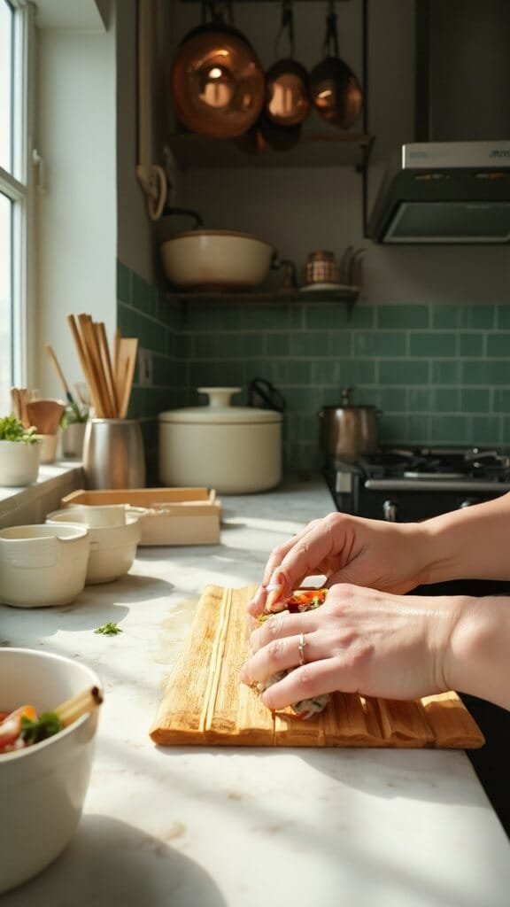 Keto-Friendly Sushi Rolls (No Rice, All Nice!) 6 Hands using a bamboo mat to roll sushi in a modern, well-lit kitchen with green subway tile backsplash and copper cookware