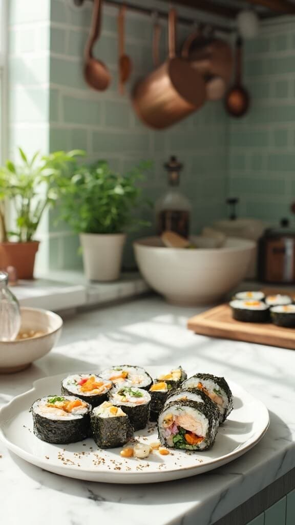 Keto-Friendly Sushi Rolls (No Rice, All Nice!) 7 Keto sushi rolls on a ceramic plate in a modern kitchen with green subway tiles and copper pots, garnished with sesame seeds