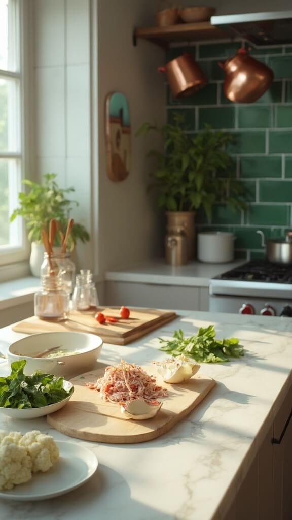 Ingredients for thai basil chicken arranged on a modern kitchen counter with wooden utensils, white marble countertops, and stainless steel appliances, illuminated by natural daylight.